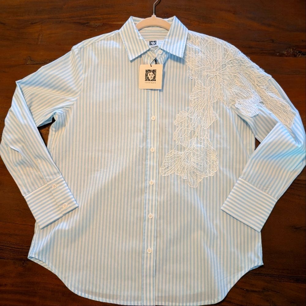 Anne Klein Blue White Stripe Lace Appliqué Button Down Shirt Size XS Oversized